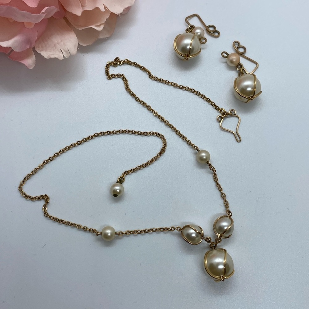 RARE Vintage Hillcraft Pearl & Gold Filled Necklace & Earrings Set
